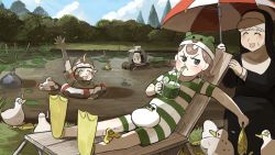 :&lt; :d ^_^ animal animal_on_head animal_on_leg arm_up banana_peel bangs_pinned_back bendy_straw bird bird_on_head bird_on_leg blonde_hair brown_eyes brown_hair bush catfish chair chicken closed_eyes cloud clumsy_nun_(diva) commentary cucumber cucumber_slice cup diva_(hyxpk) diving_mask drinking drinking_straw duck duckling english_commentary fish flapping flippers freckles frog frog_hat froggy_nun_(diva) goggles grey_hair habit hat highres holding holding_umbrella leaf lifebuoy lily_pad little_nuns_(diva) lounge_chair map monocle mug nun old-fashioned_swimsuit on_head one-piece_swimsuit open_mouth outdoors rock rubber_band sheep_nun_(diva) slice_of_life smile snorkel snorkel_in_mouth spicy_nun_(diva) star_(symbol) striped_clothes striped_one-piece_swimsuit sun sunglasses swim_ring swimming swimsuit top_hat topknot traditional_nun treasure_chest tree umbrella waving wetland