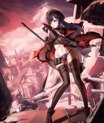 1girl ankle_boots asymmetrical_bangs atmhhh beret black_boots black_coat black_hair black_shorts black_sports_bra black_thighhighs boots breasts cleavage coat colored_inner_hair commentary cutoffs eunhwa_(nikke) eunhwa_(tactical_upgrade)_(nikke) exposed_pocket floating_hair full_body glove_pull gloves goddess_of_victory:_nikke groin gun hat highres long_hair long_sleeves looking_up medium_breasts micro_shorts midriff multicolored_hair navel no_mole official_alternate_costume open_clothes open_coat parted_lips pouch purple_eyes purple_hair red_gloves rifle shorts skindentation sniper_rifle solo sports_bikini sports_bra sports_panties standing thighhighs two-tone_gloves two-tone_hair weapon weapon_on_back