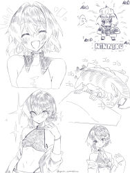 Rule 34 | 1girl, :d, ^ ^, alternate costume, ange katrina, ange katrina (1st costume), armpit crease, ayuko ammobium, bare shoulders, bat (animal), blush, bracelet, cat, cat on face, closed eyes, commentary request, dot nose, earrings, ghost, greyscale, hair between eyes, hair intakes, hair ornament, hairpin, halterneck, hand up, highres, jacket, jacket partially removed, jewelry, looking at viewer, medium hair, monochrome, multiple hairpins, multiple views, navel, nijisanji, notice lines, open mouth, pendant, single hair intake, smile, sparkle, stomach, teeth, twitter username, under covers, upper teeth only, virtual youtuber
