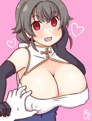 1girl black_gloves black_hair blush breasts china_dress chinese_clothes cleavage covered_erect_nipples crazy_eyes crazy_smile dress elbow_gloves gloves grabbing_another&#039;s_breast groping hair_flaps hair_ornament hairclip jingei_(kancolle) kanon_(kurogane_knights) kantai_collection large_breasts long_hair low_ponytail one-hour_drawing_challenge open_mouth pink_background ponytail red_eyes shaded_face simple_background smile upper_body white_dress yandere