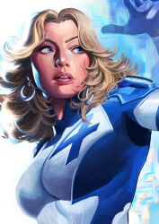 1girl arm_up artist_name blonde_hair blue_bodysuit blue_eyes bodysuit breasts commentary earrings english_commentary fantastic_four glitch highres jewelry large_breasts lips looking_to_the_side marvel marvel_rivals medium_hair number_print open_mouth simple_background solo sue_storm superhero_costume teeth two-tone_bodysuit upper_body uzuri_art wavy_hair white_background white_bodysuit