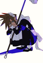 Rule 34 | 1boy, absurdres, alternate costume, apron, black dress, blonde hair, blue eyes, cloud strife, crossdressing, crossdressing (mtf), dress, earrings, enmaided, final fantasy, final fantasy vii, highres, holding, holding mop, jewelry, juliet sleeves, long sleeves, looking at viewer, maid, maid headdress, male focus, male maid, mary janes, mop, pantyhose, puffy sleeves, sekiyu 0h, shoes, short hair, single earring, spiked hair, squatting, white apron, white pantyhose, wrist cuffs