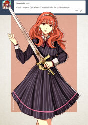 Rule 34 | 1girl, alternate costume, black dress, celica (fire emblem), dress, earrings, fire emblem, fire emblem echoes: shadows of valentia, gzei, holding, holding sword, holding weapon, jewelry, long hair, nintendo, princess, red eyes, red hair, striped clothes, striped dress, sword, tiara, weapon