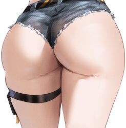 1girl absurdres animeattics ass ass_focus blue_shorts close-up commentary denim denim_shorts elegg_(nikke) english_commentary from_behind goddess_of_victory:_nikke highres lower_body micro_shorts short_shorts shorts simple_background skindentation solo standing thigh_strap thighs white_background