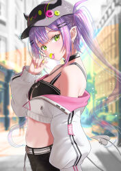 Rule 34 | 1girl, absurdres, bare shoulders, baseball cap, belt, bibi (tokoyami towa), black choker, black hat, black shirt, black shorts, blurry, blurry background, breasts, candy, choker, commentary, cowboy shot, crop top, cropped jacket, ear piercing, fake horns, food, from side, green eyes, hair ornament, hairclip, hand up, hat, highres, holding, holding candy, holding food, holding lollipop, hololive, horned headwear, horns, jacket, lollipop, long hair, long sleeves, looking at viewer, midriff, multicolored hair, nanaki24, navel, navel piercing, off-shoulder jacket, off shoulder, outdoors, piercing, pointy ears, purple hair, shirt, shorts, sidelocks, sleeveless, sleeveless shirt, small breasts, smile, solo, stomach, streaked hair, tokoyami towa, tokoyami towa (1st costume), twintails, virtual youtuber, white jacket
