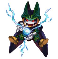 black_wings casting_spell cell_(dragon_ball) cell_(dragon_ball)_(cosplay) commentary commission cosplay demon_(megami_tensei) dragon_ball dragonball_z duckpasta_flo energy_ball english_commentary fangs gloves highres jack_frost_(megami_tensei) megami_tensei open_mouth red_eyes shin_megami_tensei smile white_gloves wings
