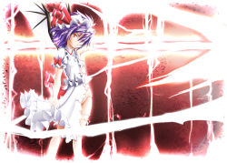 1girl dress female_focus gradient_background hair_over_one_eye red_eyes remilia_scarlet sin-go solo spear_the_gungnir torn_clothes touhou