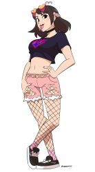 Rule 34 | 1boy, 1girl, ahoge, belt, black eyes, black hair, black pantyhose, black shirt, black shoes, blush, borrowed character, braid, breasts, choker, commission, crown braid, dangerking11, ear piercing, earrings, eyewear on head, fishnet pantyhose, fishnets, giant, giantess, gold belt, grace the goddess, hand on own hip, hanging on, heart, heart-shaped eyewear, heart-shaped sunglasses, heart ahoge, heart belt, heart choker, heart print, jewelry, long sleeves, looking at viewer, medium breasts, midriff, mini person, miniboy, multicolored hair, navel, original, pants, pantyhose, piercing, pink hair, pink shorts, pink socks, print shirt, shirt, shoes, short hair, short sleeves, shorts, smile, sneakers, socks, standing, streaked hair, sunglasses, sunglasses on head, tongue, tongue out, torn clothes, torn shorts, white background