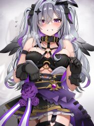 1girl absurdres amane_kanata amane_kanata_(another_world) amane_kanata_(cosplay) amane_konata arm_strap bandeau bare_shoulders belt black_bandeau black_belt black_collar black_gloves black_hair black_halo black_ribbon black_skirt black_wings breasts breath chest_harness cleavage collar colored_inner_hair cosplay cowboy_shot feathered_wings gloves gradient_wings grey_hair grin hair_over_one_eye hair_ribbon halo harness heart heart_o-ring high-waist_skirt highres hololive large_breasts layered_skirt long_hair looking_at_viewer micon mini_wings miniskirt multicolored_hair multicolored_wings o-ring o-ring_harness o-ring_thigh_strap o-ring_top overskirt purple_eyes purple_hair ribbon see-through_clothes see-through_skirt simple_background single_hair_intake skirt smile solo star_halo straight-on streaked_hair thigh_strap two_side_up virtual_youtuber white_background wings