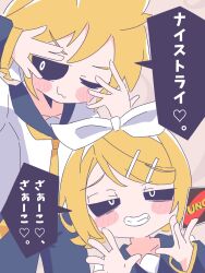 1boy 1girl :3 bakeneko1212 black_pants black_sailor_collar black_sclera black_sleeves blonde_hair bow brother_and_sister chibi collarbone colored_sclera commentary fang hair_bow hair_ornament hairclip half-closed_eyes headset heart highres kagamine_len kagamine_rin medium_hair mimukauwa_nice_try_(vocaloid) necktie one_eye_closed open_mouth pants sailor_collar shirt siblings smirk speech_bubble spoken_heart translated twins uno_(game) vocaloid white_bow white_shirt yellow_necktie