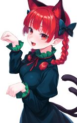 1girl :d absurdres animal_ear_fluff animal_ears black_bow blunt_bangs blush bow braid breasts cat_ears cat_girl cat_tail cowboy_shot dress extra_ears fangs fingernails frilled_sleeves frills green_dress hair_bow hair_intakes hands_up highres juliet_sleeves kaenbyou_rin large_breasts long_hair long_sleeves looking_at_viewer medium_breasts multiple_tails nameko_houshi neck_ribbon nekomata open_mouth paw_pose pointy_ears puffy_sleeves red_hair red_ribbon ribbon simple_background smile solo tail teeth touhou twin_braids two_tails white_background