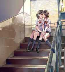2girls black_hair black_shoes black_skirt black_socks cloud cloudy_sky collarbone collared_shirt commentary_request concrete cross_tie evening eye_contact green_eyes hand_on_another&#039;s_head hands_on_own_knees highres holding_hands imminent_kiss kneehighs loafers looking_at_another miniskirt multiple_girls original outdoors parted_lips pleated_skirt po!son railing red_cross_tie reflection school_uniform shirt shoes short_hair short_sleeves sitting sitting_on_stairs skirt sky socks stairs tile_wall tiles white_shirt wide_shot yuri