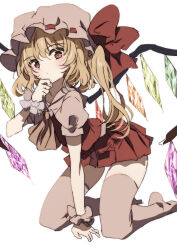 1girl ascot blonde_hair crystal crystal_wings embodiment_of_scarlet_devil flandre_scarlet full_body hand_up hat highres looking_at_viewer mob_cap natsume_suzuri puffy_short_sleeves puffy_sleeves red_eyes red_skirt shirt short_sleeves side_ponytail simple_background skirt solo thighhighs touhou white_background wings wrist_cuffs yellow_ascot zettai_ryouiki
