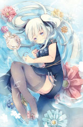 1girl bad_id bad_pixiv_id black_thighhighs blue_dress blue_eyes blue_skirt dress female_focus flower long_hair mabinogi masirosu nao_(mabinogi) silver_hair skirt smile solo thighhighs twintails water wet wet_clothes zettai_ryouiki