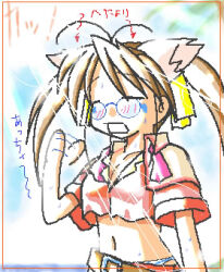 1girl 2000s_(style) acolyte_(ragnarok_online) adapted_costume animal_ears antenna_hair bad_id blush bow bowtie brown_hair cat_ears closed_eyes collared_shirt commentary_request crop_top fake_animal_ears fanning_face fanning_self glasses hot long_hair lowres midriff nagase_takeshi navel oekaki open_mouth pink_bow pink_bowtie pink_shirt ragnarok_online shirt solo sun sweat translation_request twintails undone_bowtie upper_body