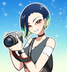 1girl bare_shoulders black_choker blue_hair bob_cut breasts brown_eyes camera choker collarbone crop_top gradient_hair grey_shirt highres holding holding_camera loose_hair_strand medium_breasts midriff multicolored_hair nintendo off-shoulder_shirt off_shoulder perrin_(pokemon) pokemon pokemon_sv ribbed_shirt shirt short_hair shunmin_(haru_min411) sleeveless sleeveless_shirt undershirt upper_body v-neck watch white_nails wristwatch