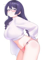 Rule 34 | 1girl, absurdres, alternate costume, black hair, blush, braid, breasts, crop top, glasses, hanekawa tsubasa, highres, large breasts, long hair, looking at viewer, luna velstra, monogatari (series), navel, panties, purple eyes, simple background, smile, smug, solo, stomach, turtleneck, twin braids, underwear, white background