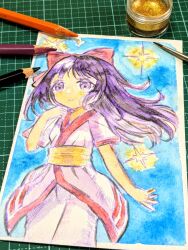 1girl breasts hair_ribbon highres legs looking_at_viewer nakoruru night pants purple_eyes purple_hair ribbon samurai_spirits small_breasts smile snk solo star_(sky) the_king_of_fighters thighs traditional_media