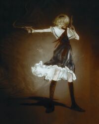 Rule 34 | 1girl, absurdres, alice margatroid, blonde hair, blue dress, boots, brown boots, capelet, cigarette, cookie (touhou), dress, dual wielding, frilled dress, frills, full body, grin, gun, hair over eyes, hairband, handgun, highres, holding, jigen (cookie), lace-up boots, looking to the side, neckerchief, red hairband, red neckerchief, red sash, revolver, sash, short hair, smile, smoke, smoking barrel, solo, touhou, weapon, white capelet, xbsx