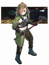 1girl bathilde_(girls&#039;_frontline_2) black_gloves blush boots breast_press breasts cleavage elbow_gloves fighting_stance frown full_body girls&#039;_frontline girls&#039;_frontline_2:_exilium gloves green_jacket hair_over_one_eye hammer highres holding holding_hammer jacket lace-up_boots large_breasts leaning_forward looking_at_viewer medium_hair mole mole_under_eye navel no_bra open_clothes open_jacket orange_eyes orange_hair pants skin_tight sledgehammer solo spartagordon standing