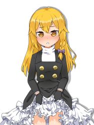 1boy 1girl black_coat black_gloves black_skirt blonde_hair blush bow braid buttons chanpuru_(nicoseiga_67544477) clothes_lift coat commentary_request cookie_(touhou) cowboy_shot crossdressing frilled_skirt frills genderswap genderswap_(ftm) gloves hair_bow kirisame_marisa lifting_own_clothes long_hair looking_at_viewer male_focus open_mouth petticoat purple_bow rei_(cookie) side_braid simple_background single_braid skirt skirt_lift solo tearing_up touhou trap white_background yellow_eyes