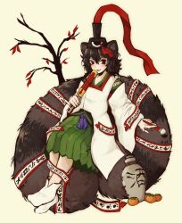 1other androgynous animal_ears black_eyes black_hair black_hat black_kimono calligraphy_brush cross-laced_clothes detached_sleeves eye_of_senri food fruit green_hakama green_trim gzpxllztt hair_between_eyes hakama hakama_short_skirt hakama_skirt hat highres holding holding_calligraphy_brush holding_paintbrush japanese_clothes kariginu kemonomimi_mode kimono len&#039;en long_sleeves mandarin_orange medium_hair ofuda ofuda_on_clothes open_mouth other_focus paintbrush raccoon_ears raccoon_tail senri_tsurubami sitting skirt smile socks solo tail tate_eboshi tokkuri wavy_hair white_sleeves white_socks wide_sleeves