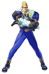 1990s_(style) 1998 1boy absurdres armor belt bengus blonde_hair bodysuit capcom captain_commando captain_commando_(character) clenched_hand cyborg game_cg goggles highres light_frown male_focus marvel marvel_vs._capcom non-web_source official_art power_armor power_gloves power_suit retro_artstyle solo star_(symbol) two-tone_bodysuit