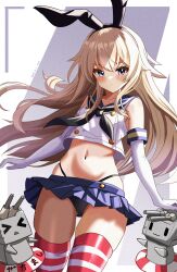 Rule 34 | 1girl, absurdres, animal ears, black hairband, black neckerchief, black panties, black ribbon, blue sailor collar, breasts, buttons, clothes lift, commentary request, cropped shirt, double-breasted, elbow gloves, gloves, hair between eyes, hair ribbon, hairband, highleg, highleg panties, highres, hip focus, kantai collection, light frown, long hair, microskirt, navel, neckerchief, panties, rabbit ears, rensouhou-chan, revealing clothes, ribbon, sailor collar, serious, shimakaze (kancolle), shirt, simple background, skindentation, skirt, skirt lift, sleeveless, sleeveless shirt, small breasts, solo, standing, stomach, striped clothes, striped thighhighs, thighhighs, thighs, underwear, very long hair, white gloves, white shirt, wind, wind lift, yanapy