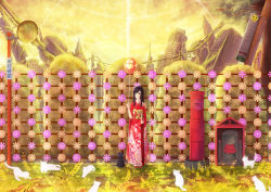 1girl animal balloon black_cat black_hair building cat fence flower full_body mailbox original outdoors postbox road_sign sakimori_(hououbds) sign sky standing utility_pole white_cat yellow_sky