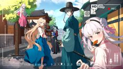 absurdres alternate_costume architecture black_hair black_hat blue_eyes blue_hair blue_skirt blue_sky blush bow brant_(wuthering_waves) bright_pupils carlotta_(wuthering_waves) cartethyia_(wuthering_waves) closed_mouth colored_eyelashes commentary_request day east_asian_architecture eating hair_bow hair_ribbon hat highres japanese_clothes jinhsi_(wuthering_waves) katana long_hair long_skirt long_sleeves looking_at_viewer looking_back male_rover_(wuthering_waves) offering_hand pink_bow pink_ribbon pink_shirt pink_skirt pointy_ears ribbon rover_(wuthering_waves) samurai scabbard seo_garam sheath sheathed shirt short_hair sidelocks skirt sky smile sword tacet_mark_(wuthering_waves) very_long_hair viewfinder weapon white_eyelashes white_eyes white_hair white_pupils white_shirt wuthering_waves yellow_eyes