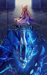 2girls arm_support black_dress blonde_hair blue_eyes blue_hands breasts cartethyia_(wuthering_waves) closed_eyes colored_inner_hair crown_of_thorns doorway dragon dress fleurdelys_(wuthering_waves) gauntlets high_heels highres holding holding_sword holding_weapon horns large_breasts long_hair looking_at_viewer monster multicolored_hair multiple_girls pointy_ears single_horn sitting skxviii small_breasts sword tabard tacet_mark_(wuthering_waves) tile_floor tiles water weapon white_tabard wuthering_waves yellow_horns yokozuwari