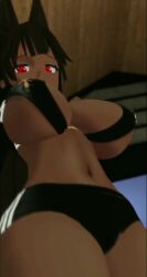 1girl 3d animal_ears animated anubis anubis_(mythology) arm_warmers arms_up black_hair bouncing_breasts breasts dark-skinned_female dark_skin earrings grabbing_own_breast highres hip_sway jackal_ears jewelry large_breasts long_hair looking_at_viewer looking_down navel red_eyes revealing_clothes shorts standing stubbystubby tagme thick_thighs thighs video vrchat