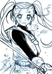 1girl artist_name bag black_shirt blue_eyes closed_mouth dirty dirty_clothes dirty_face dragon_quest dragon_quest_builders_2 earrings female_builder_(dqb2) hair_ribbon highres holding holding_sword holding_weapon hoop_earrings jewelry long_hair mouyi ribbon sample_watermark shirt shoulder_bag sketch solo sword tunic twintails upper_body watermark weapon