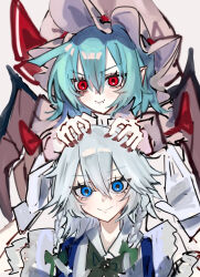 Rule 34 | 2girls, bat wings, blue eyes, blue hair, blue vest, blush, braid, dress, fang, hair between eyes, hands on another&#039;s head, hat, izayoi sakuya, looking at viewer, maid, maid headdress, medium hair, mob cap, multiple girls, nari (bikkii), on shoulder, pointy ears, red eyes, red nails, remilia scarlet, shirt, short sleeves, sitting on shoulder, skin fang, smile, touhou, twin braids, vampire, vest, white dress, white hair, white shirt, wings