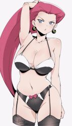 1girl arm_up armpits artist_name black_bra black_panties black_thighhighs blue_eyes bow bow_panties bra breasts cleavage closed_mouth collarbone commentary cowboy_shot earrings english_commentary facing_viewer garter_straps highres jessie_(pokemon) jewelry large_breasts long_hair looking_to_the_side navel nintendo panties pokemon pokemon_(anime) pokemon_(classic_anime) red_hair relaxjon solo sphere_earrings thighhighs underwear very_long_hair white_background