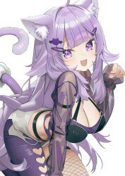 1girl ahoge animal_ear_fluff animal_ears asymmetrical_legwear breasts cat_ears cat_girl cat_hair_ornament cat_tail cleavage cleavage_cutout clothing_cutout crop_top fang fishnet_thighhighs fishnets hair_ornament hairclip hand_up heart heart_cutout heart_hair_ornament highres hololive koyo2023 large_breasts light_blush long_hair long_sleeves looking_at_viewer mismatched_legwear nekomata_okayu nekomata_okayu_(personya_respect) official_alternate_costume open_mouth paw_pose purple_eyes purple_hair purple_nails see-through_clothes short_shorts shorts shrug_(clothing) simple_background single_fishnet_legwear skin_fang skindentation smile solo sparkling_eyes tail thighhighs very_long_hair virtual_youtuber white_background white_shorts