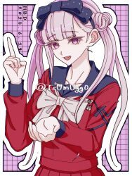 1girl black_bow black_hairband black_sailor_collar border bow bow_hairband bowtie collarbone double_bun grid_background hair_bun hairband highres long_hair outline outstretched_hand pink_background pink_eyes pink_hair pointing pointing_up red_serafuku red_skirt sailor_collar school_uniform serafuku skirt smile teeth the_hundred_line_-last_defense_academy- tsukumo_kako tsumugg0 twintails upper_body upper_teeth_only white_border white_bow white_outline