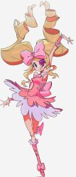 1girl boots bow colored_eyepatch dress drill_hair eyepatch footwear_bow frilled_boots frilled_skirt frilled_wrist_cuffs frills grin harime_nui heart highres kill_la_kill korean_commentary lolita_fashion long_hair pink_bow pink_dress pink_wrist_cuffs sama_1027 skirt smile twin_drills twintails white_background wrist_cuffs