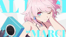 1girl bare_shoulders black_bra black_choker blue_eyes bra bra_strap camera character_name choker closed_mouth collarbone commentary_request earrings hand_on_own_cheek hand_on_own_face highres holding holding_camera honkai:_star_rail honkai_(series) jewelry looking_at_viewer march_7th_(honkai:_star_rail) march_7th_(preservation)_(honkai:_star_rail) medium_hair mindscape_cinema_(zenless_zone_zero) multicolored_eyes no_shirt one_eye_closed pink_eyes pink_hair pink_pupils single_earring smile twitter_username two-tone_eyes umoumohl underwear watermark zenless_zone_zero