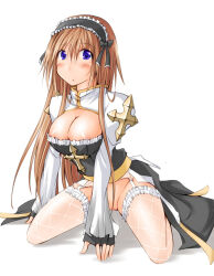 1girl arch_bishop_(ragnarok_online) areola_slip black_bow black_dress black_hairband blue_eyes blush bow breasts brown_hair censored cleavage cleavage_cutout clothing_cutout commentary_request cross dress fishnet_thighhighs fishnets frilled_hairband frilled_thighhighs frills full_body hair_bow hairband juliet_sleeves kaminagi_(kaminagi-tei) large_breasts leaning_forward long_hair long_sleeves looking_at_viewer mosaic_censoring no_panties open_mouth puffy_sleeves pussy ragnarok_online sash simple_background sitting solo thighhighs two-tone_dress very_long_hair wariza white_background white_dress white_thighhighs yellow_sash
