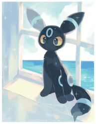 alternate_color animal_focus black_eyes colored_sclera gen_2_pokemon highres merino_(merino_9999) nintendo no_humans pokemon pokemon_(creature) red_sclera shiny_pokemon sitting solo umbreon water window yellow_sclera