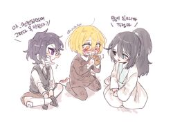 black_eyes black_hair blonde_hair blue_eyes child don_quixote_(project_moon) eating heathcliff_(project_moon) hong_lu_(project_moon) limbus_company pmchell_04 project_moon purple_eyes sitting smile tears unfinished wariza yellow_eyes