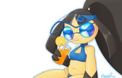 1girl arm_at_side artist_name bare_shoulders big_hair bikini black_hair black_skin blue-framed_eyewear blue-tinted_eyewear blue_bikini blue_hat blue_outline breasts cleavage_cutout clothing_cutout collarbone colored_skin cup drink drinking drinking_glass drinking_straw female_focus food fruit gen_3_pokemon hand_up hat high_ponytail highres holding holding_drink holding_drinking_glass large_variant_set lemon lemon_slice long_hair lotion mawaifu mawile multi-strapped_bikini_bottom multicolored_skin navel nintendo outline pokemon pokemon_(creature) ponytail see-through_hat sidelocks signature simple_background sitting small_breasts solo stomach sunglasses sunscreen sweat swimsuit tinted_eyewear two-tone_skin variant_set very_long_hair visor_cap white_background yellow_skin