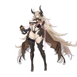 1girl absurdly_long_hair ahoge armor asymmetrical_legwear belt belt_bra bikini_armor black_thighhighs blonde_hair boots breasts brown_cape cape chained_wrists cleavage closed_mouth collar energy_whip faucre_the_evil_overlord full_body game_cg gauntlets hair_between_eyes highres holding holding_whip horns large_breasts last_origin light_brown_hair linea_alba long_hair looking_at_viewer navel official_art one_(dnjsaos86) orange_eyes pale_skin pauldrons revealing_clothes serious shoulder_armor shoulder_spikes skindentation solo spikes tachi-e thick_thighs thigh_boots thigh_strap thighhighs thighs transparent_background very_long_hair whip wide_hips yellow_eyes