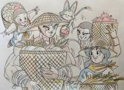 1girl 4boys aged_up apple basket chaozu colored_pencil_(medium) dragon_ball dragon_ball_gt flying food fruit hat highres kakeru_(dbskakeru) lunch_(dragon_ball) lunch_(good)_(dragon_ball) multiple_boys muscular muscular_male neckerchief orange_neckerchief puar radish scar scar_on_face signature tenshinhan topless_male traditional_media yamcha