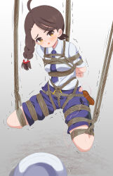 1girl :o absurdres ahoge arms_behind_back bdsm blue_necktie blue_shorts blush bondage bound bound_arms bound_legs bound_torso braid braided_ponytail breasts brown_eyes brown_hair brown_shoes cleft_of_venus clenched_hand collared_shirt creatures_(company) crotch_rope female_focus full_body game_freak glaring hair_ornament hairclip hamuta_(machosbrown) hat highres juliana_(pokemon) legs legs_apart light_blush long_hair looking_at_another looking_at_viewer looking_to_the_side motion_lines necktie nintendo open_mouth pelvic_curtain pokemon pokemon_sv purple_necktie purple_shorts rope school_uniform sex_toy shibari shibari_over_clothes shirt shoes short_sleeves shorts simple_background skindentation small_breasts solo solo_focus spread_legs suspended_congress suspension sweat sweatdrop teeth tongue trembling unworn_hat unworn_headwear vibrator vibrator_cord vibrator_under_clothes white_background white_shirt yellow_eyes