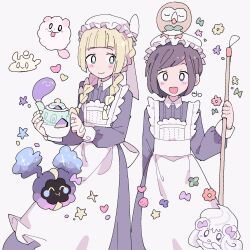 2girls :d :p ^_^ alcremie alternate_costume apron bird black_hair blonde_hair blush closed_eyes closed_mouth commentary_request cosmog gen_6_pokemon gen_7_pokemon gen_8_pokemon heart highres legendary_pokemon lillie_(pokemon) maid_apron milcery multiple_girls nintendo on_head open_mouth owl pokemon pokemon_(creature) pokemon_on_head pokemon_sm polteageist remoooon rowlet selene_(pokemon) sleeping slurpuff smile sparkle standing teeth tongue tongue_out upper_teeth_only white_apron