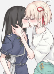 2girls black_hair blonde_hair blue_dress blue_shorts blush closed_eyes commentary dress french_kiss grey_background hair_ribbon hand_on_another&#039;s_neck hand_on_another&#039;s_waist hand_on_another&#039;s_wrist inoue_takina kiss long_hair lycoris_recoil lycoris_uniform medium_hair multiple_girls nishikigi_chisato one_side_up red_ribbon ribbon shirt short_sleeves shorts simple_background sweat syonosuke9573 tongue white_shirt yuri