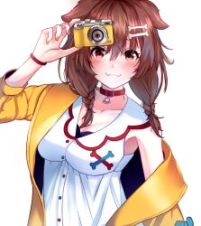 1girl :3 absurdres animal_collar animal_ears blush bone_hair_ornament bracelet braid breasts brown_eyes brown_hair camera cartoon_bone cleavage collar collared_dress dog_ears dog_girl dress fangs hair_between_eyes hair_ornament hairclip highres holding holding_camera hololive inugami_korone inugami_korone_(1st_costume) jacket jewelry large_breasts lessone long_hair long_sleeves looking_at_viewer low_twin_braids nail_polish red_collar side_braids sidelocks simple_background sleeveless sleeveless_dress smile solo twin_braids upper_body virtual_youtuber white_background white_dress yellow_jacket yellow_nails