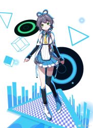 Rule 34 | 1girl, asymmetrical legwear, bare shoulders, black socks, black thighhighs, blue boots, boots, cd, chinese commentary, closed mouth, cube, elbow gloves, fingerless gloves, full body, gloves, green eyes, grey hair, hair ornament, hair rings, highres, light smile, long hair, looking at viewer, luo tianyi, luo tianyi v4, miniskirt, necktie, pleated skirt, pointzhu, ribbon, short hair with long locks, skirt, socks, solo, standing, standing on one leg, thighhighs, triangle, twintails, uneven legwear, vocaloid, vsinger (vocaloid), watermark, weibo username, weibo watermark, white boots, white ribbon, yellow necktie